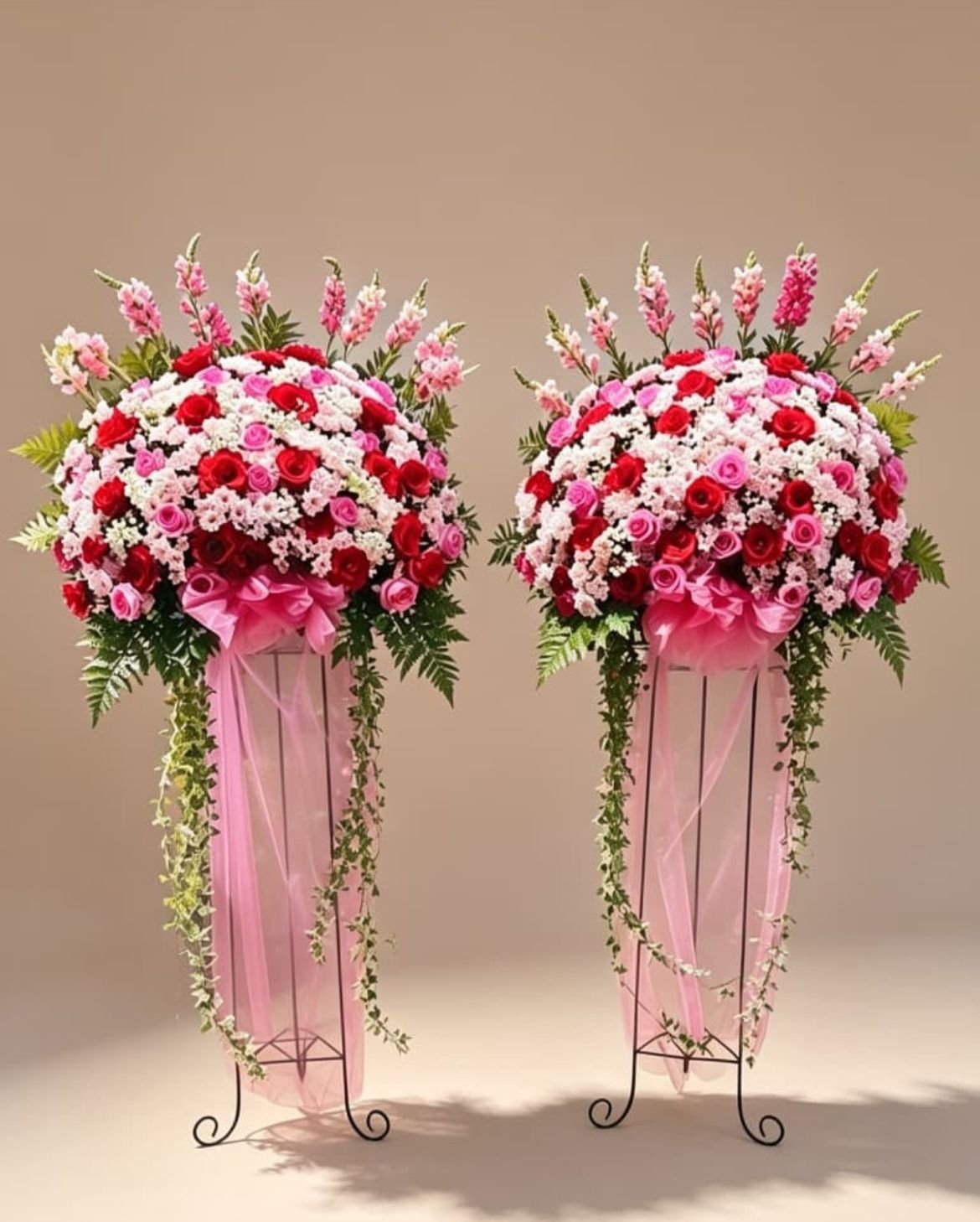 Standing flower mawar pink merah untuk Warung Bambu Karawang